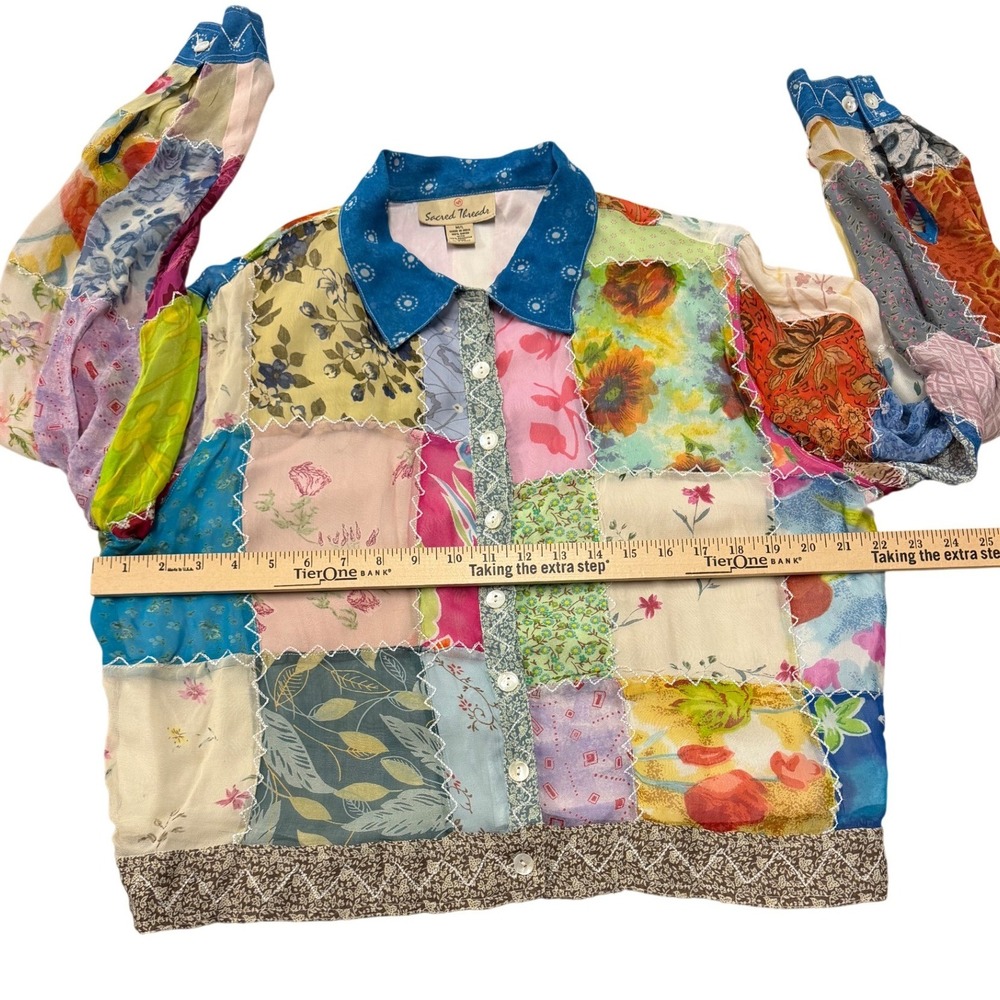 Sacred Threads Patchwork Button Up Shirt Women M/… - image 5